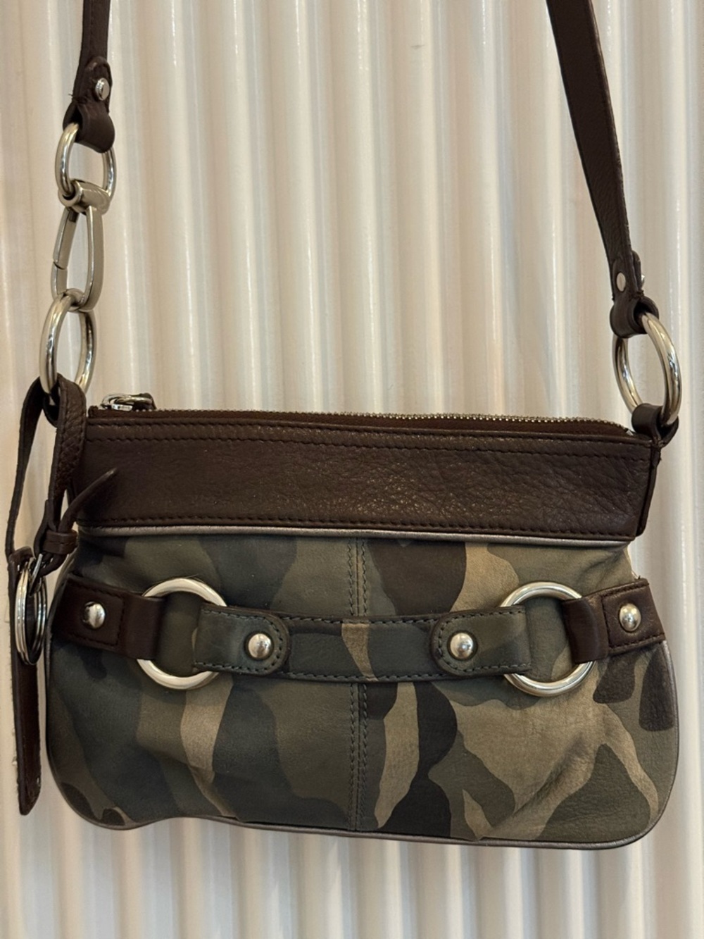 B. Makowsky Camouflage Crossbody Shoulder Bag in Olive Green and Brown